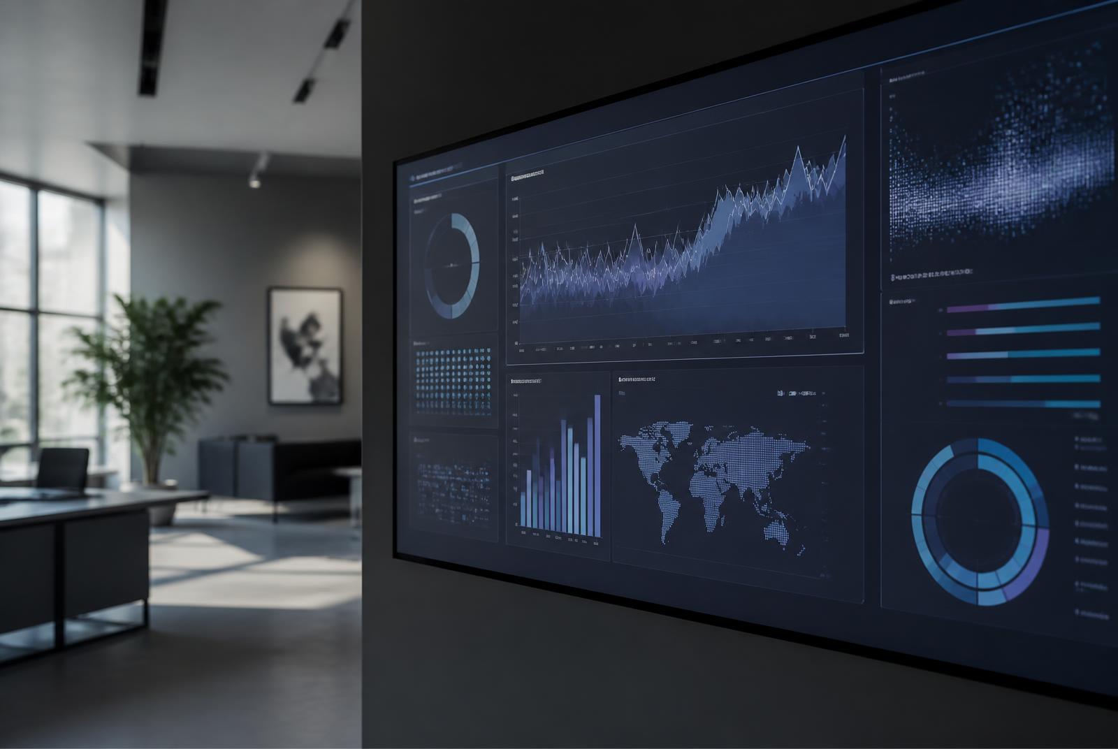 Large wall display showing analytics dashboards with charts and a world map in a quiet office